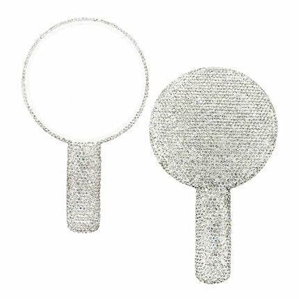 LOPURO Sparkling Rhinestone Round Shaped Handheld Mirror, Rhinestone Handheld Round Mirror Bling Glitter Cute Cosmetic Hand Mirror with Handle Po