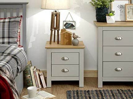 Home Source Bedside Cabinet Grey Oak 2 Drawer Two Tone Night Stand Wooden Bedroom Lancaster
