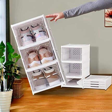 Gudemay Drop Front Shoe Organizer Storage Box, No Assembly Stackable Shoe Storage Bins with Clear Door, Free Standing Shoe Shelf Cabinet with Lid
