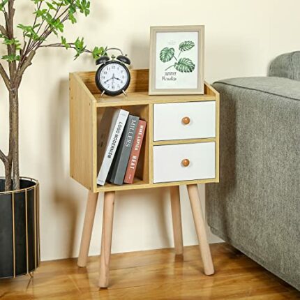 Small Bedside Table with Storage Drawers Mid Century Modern Nightstand with Vertical Open Storage Compartment and Solid Wood Legs:Small End Table