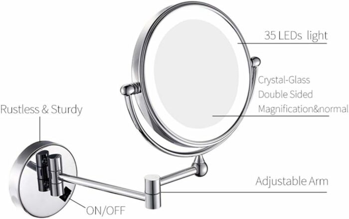 Wall Mounted LED Lighted Makeup Mirror, 8 inch Chrome Double Sided Brass Vanity Extendable Bathroom Mirror with Magnification, with Switch and Pl