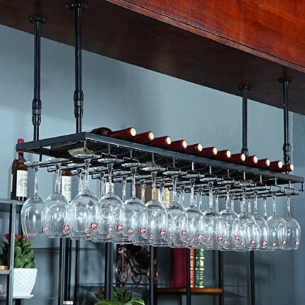 PIBM Ceiling Wine Rack Suspension Wine Bottle Rack Bar Fashion Creative Wine Glass Rack European Style Goblet Holder J1011, Black , L60×W30cm