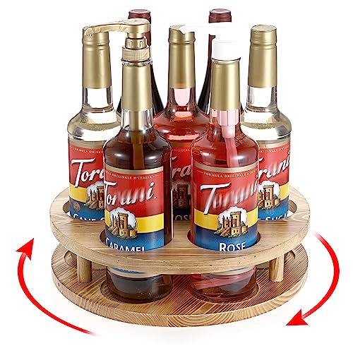BSTKEY Rotating Syrup Bottle Holder Organizer, Vintage Wooden Coffee Syrup Rack Syrup Stand for Coffee Bar, 7 Bottles Countertop Freestanding Win