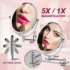MIRRORVANA Extending Wall Mounted Bathroom Mirror for Shaving and Makeup - Double Sided 5X / 1X Magnification with 360° Rotation - 33cm Extendabl