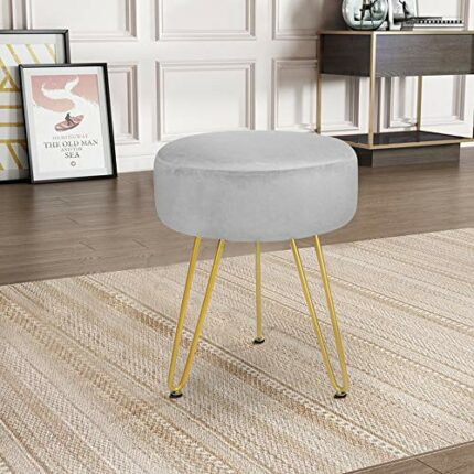 SCRIPTRACT Footstool Velvet Round Footrest Ottoman Modern Dressing table stool, Shoe Bench for Living Room Bedroom with 3 Golden Metal Leg(grey1)