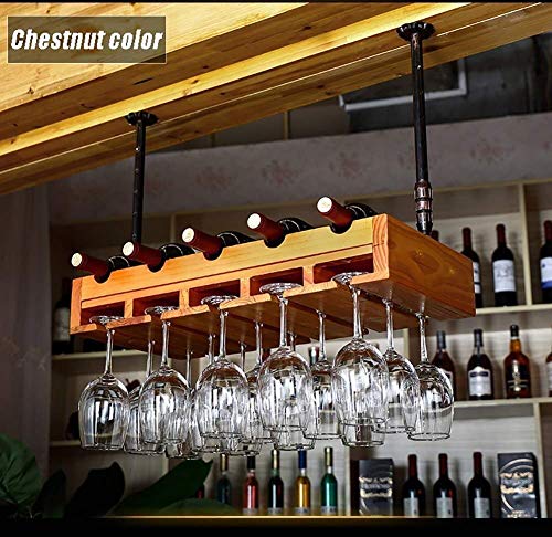 Solid Wood Hanging 5 Bottles Wine Rack Display Stand with 5 Wine Glass Card Slot, Adjustable Boom, Chestnut Color Modern Minimalist Design for Wi
