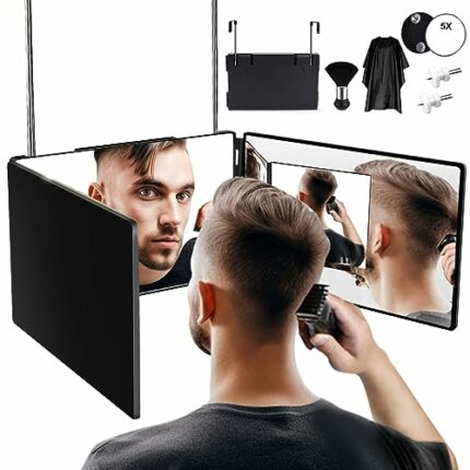 360 Mirror Self Cut Hair, 3 Way Mirror with Lights, Rechargeable Trifold Barber Mirrors & LED Shaving Mirror with Height Retractable Hook for DIY