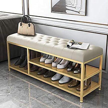 Luxurious Entryway Bench With Boots Storage,Soft Upholstered Shoe Bench Shoe Rack Bench,Modern Shoe Storage Bench,Beige Leather,120X35X45Cm(47X14