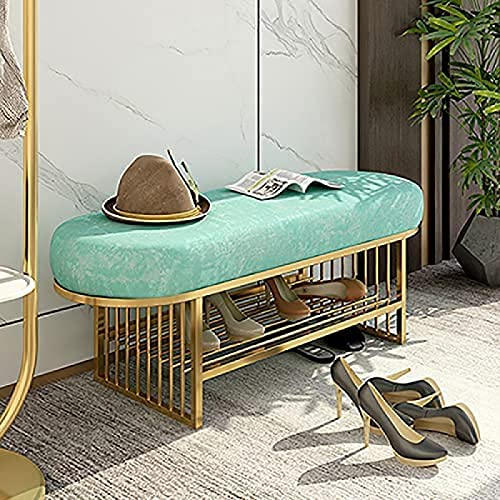 Entrance Bench With Gold Shoe Rack, Velvet Upholstered Bench Seat, Modern Bench Shoe Cabinet Organizer,Grey,80X35X45Cm(31X14X18Inch)