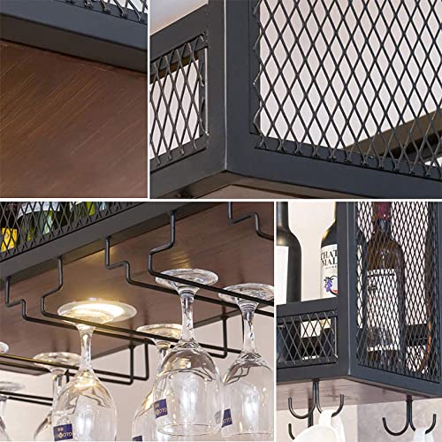 Ceiling Mounted Wine Rack with Glass Holder, Industrial Metal Wine Shelf Champagne Glass Goblets Bottle Holder Hanging Floating Wine Shelf for Ki