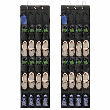 ZEONHEI 2 Pack Over the Door Shoe Organiser, 24 Mesh Pockets Shoe Organiser, Hanging Shoe Storage Holder Rack with 3 Over Door Hooks, Black