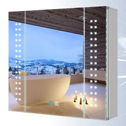 Tokvon® Galaxy Bathroom Mirror Cabinet with LED light Wall Mounted with dual plug shaver socket Anti-fog Demister Adjustable Dimmer 650 x 600mm A