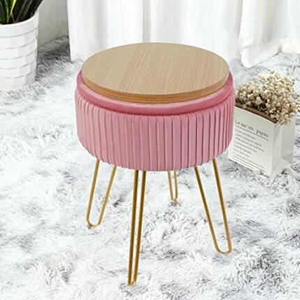 TOUCH-RICH Stripe Velvet Vanity Chair Round Ottoman,Upholstered Vanity Makeup Footstool Side Table Dressing Chair with Golden Metal Legs (Pink, R