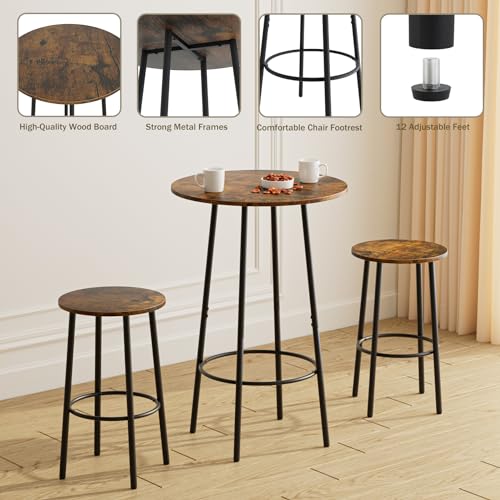 AEPOALUA 3 Piece Bar Table Set, Round Bar Table and Chairs Set of 2, Pub Dining Table Set Counter Height Wood top, Bar Stool Table for Breakfast