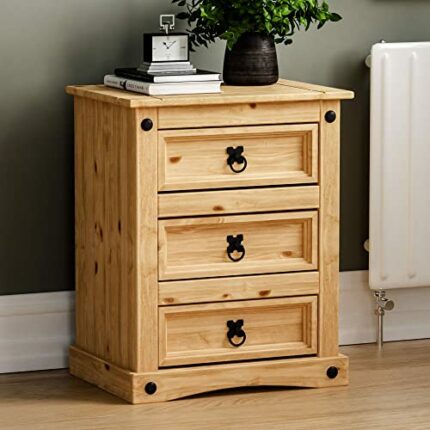 Amazon Brand - Movian Corona 3 Drawer Bedside Chest Distressed Waxed Rectangular Nightstand Table, Solid Pine Wood, 35 cm D x 48 cm W x 60 cm H