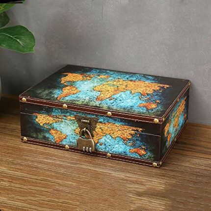 Vintage Wood Treasure Chest Keepsake Jewelry with Map Leather Surface |Treasure Box Kids Pirate Treasure Chest with Lock |Kids Storage Treasure C