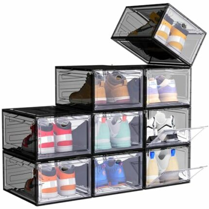 ARSTPEOE Black Shoe Box,9 pcs Shoe Storage Boxes Clear Plastic Stackable, Shoe Organizer Containers with Lids for Women/Men