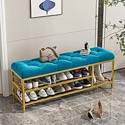 Luxurious Entryway Bench With Boots Storage,Velvet Upholstered Shoe Bench Shoe Rack Bench,Modern Shoe Storage Bench,Blue,70X30X46Cm(28X12X18Inch)