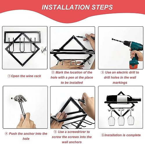 WOPPLXY 2 Pcs Wall Mounted Metal Wine Rack, Upgrade Foldable Metal Hanging Wall Wine Rack Organizer, Red Wine Bottle Display Hanger with Screws f