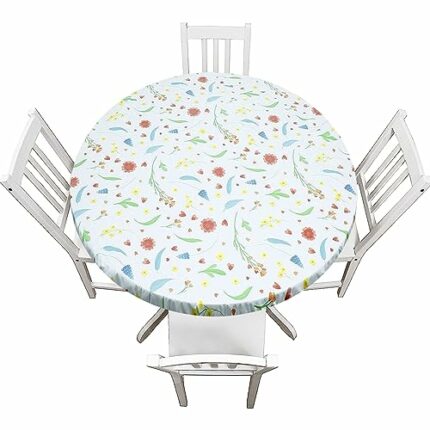 Waterproof Round Elastic Edged Tablecloth, Red Flower 90-110cm Fitted Flannel Backed Table Cover Stain Resistant Oil-proof PVC Wipeable Table Pro