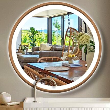 ARUMMA Wood Frame Round LED Bathroom Mirror with Lights 20 Inch Wood Round Lighted Mirror for Bathroom Wall Vanity Lighted Circle Mirror 3 Color
