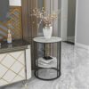 Marble Top Side Table Black: Small Circle End Tables 40 x 54cm Sintered Stone Bedside with Metal Black Legs Modern White Nightstand 2 Tier Round