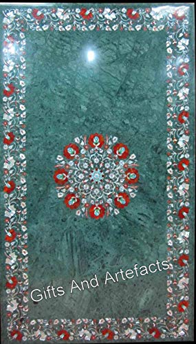 Gifts And Artefacts 24 x 42 Inches Rectangle Shape Green Marble Dining Table Top Floral Pattern Inlay Work Kitchen Table for Home Furniture Decor