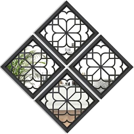 Wocred Set of 4 Mirrors Square Wall Mirror,Gorgeous Rustic Farmhouse Accent Mirror,Black Entry Mirror for Bathroom Renovation,Bedrooms,Living Roo