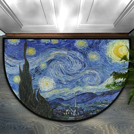 Van Gogh Starry Night Half Round Door Mat, Oli Painting Galaxy Welcome Entrance Way Rug Semi Circle Front Doormats Washable Shoe Scraper Floor Ma