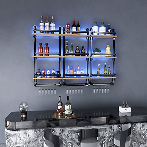 Wine Rack Wall Mounted 3 Tier with Lights, Hanging Floating Small Mini Bar Liquor Shelves with Glass Holder Storage, Industrial Rustic Pipe Farmh