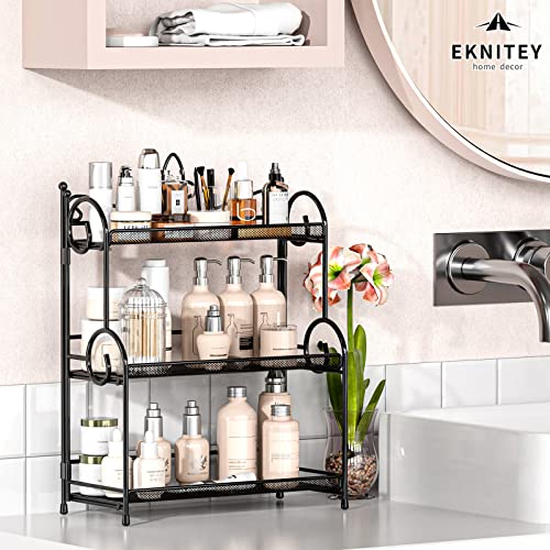 EKNITEY Bathroom Countertop Organiser Storage - Kitchen Counter Spice Rack 3 Tier Countertop Organiser for Makeup, Perfume, Cosmetics Black