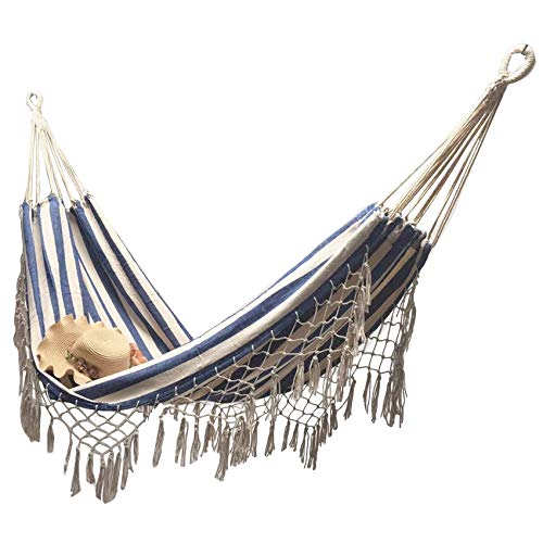 Handmade Cotton Woven Balcony Hammock Hanging Rope Chair Porch Swing with Crochet Fringe for Backyard Patio Garden Outdoor and Indoor Boho Style