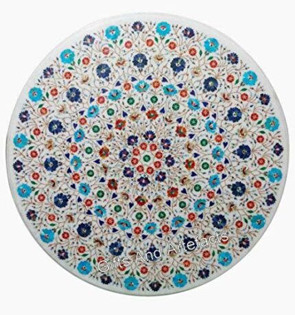 Gifts And Artefacts 60 x 60 Inches Gemstones Inlay Work Dining Table Top White Marble Round Shape Hallway Table for Home Furniture Decor