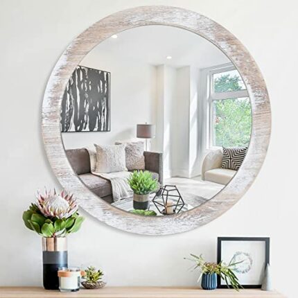 JJUUYOU Rustic Circle Wall Mirror 50CM for Home Decor Rustic White Round Mirror for Bathroom Wall decor Wood Frame Mirror for Living Room, Bedroo