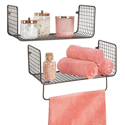 mDesign 2-Piece Set of Wall Shelves – Wall Mounted Storage for Kitchens, Bathrooms, Utility Rooms and More – Bathroom Shelving with Towel Bar – B