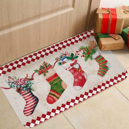 ASPMIZ Christmas Door Mat Outdoor, Christmas Stockings Area Rug Doormat Non Slip, Winter Absorbent Doormat Indoor Entrance, Low-Profile Door Rugs