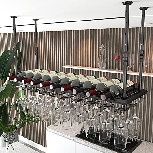 Wine Rack, Hanging Wine Glass Holder, Vintage Wine Bottle Holder Ceiling Decoration, Adjustable Height for Kitchen & Bars (Black,60/80/100/120cm)