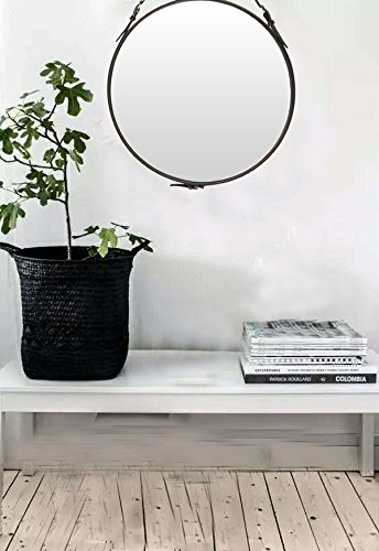 Round Hanging Wall Mirror Circle Mirror with PU Leather Strap Silver and Frame Hardware Hanger/Hook (Brown, 19.7inchs)