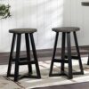 Walker Edison Rustic Metal and Distressed Wood Round Dining Stool, Pine, Grey, 24 Inch
