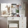 Dradaomull Makeup Dressing Table with Mirror and LED Light, Adjustable Brightness 3 Lighting Modes Vanity Dresser with Stool and Lots Storage for