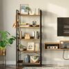 Rolanstar Bookshelf 5 Tier with 4 Hooks, Industrial Wood Bookcase, Vintage Storage Rack with Open Shelves, Rustic Standing Bookshelves Display Ra