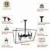 Allcam Single Heavy Duty TV Bracket Ceiling Mount w/Tilt +/- 25°, Swivel 360°, 6° Level Adjustment, Drop Height 560 to 910mm (20 to 36") suits mo