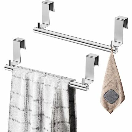 VEHHE Over The Door Towel Rail - Kitchen Towel Rail- Over Tea Towel Holders Bar with 2 Hooks - 2 Pcs Dish Towel Holder for Kitchen | Silver