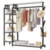 Clothes Rack, Heavy Duty 5 Tier Coat Rack with Hanging Rail, Open Wardrobe, 4 Hooks, Industrial Design, Metal Frame, White 140x40x170cm