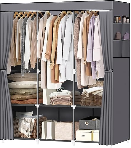 LOKEME Portable Closet, Portable Closets for Hanging Clothes with 3 Hanging Rods and 6 Storage Shelves and 4 Side Pockets, Black Wardrobe Closet