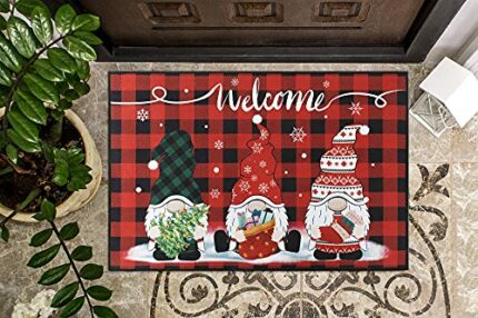 Whaline Christmas Gnome Doormat Red Black Buffalo Plaid Welcome Doormat 16 x 24 Inch Non-Slip Christmas Tomte Floor Mat Decorative Entrance Door
