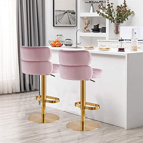 Pink Velvet Swivel Barstools Set of 2 Counter Bar Chair Adjustable High Bar Stools with Backs Armless Kitchen Island Hight Stainless Steel Titani