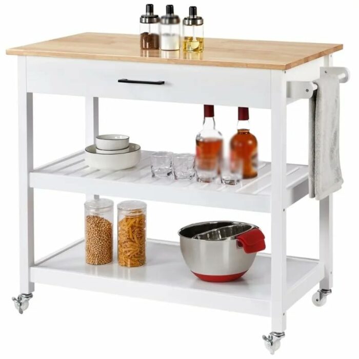 GRETD Wooden Kitchen Cart With Storage Shelves And Drawer Multi-Purpose Rolling Kitchen Furniture Rolling Storage Cart