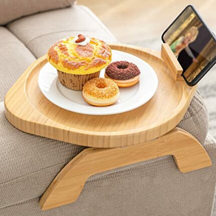 SITREMEN Bamboo Sofa Arm Tray Table with Rotating Mobile Holder, Stable Couch Armrest, Clip-On Sofa Tray Table for Wide Couches, Foldable Arm Cli