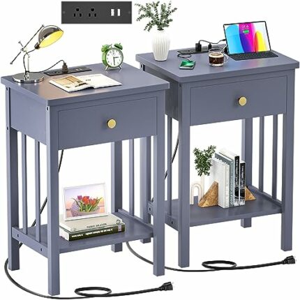 Hoiplu Nightstand Set of 2 with Charging Station, Bamboo Night Stand Bedside Table with 2 USB Port and Outlet, Real Wood End Table Farmhouse Side